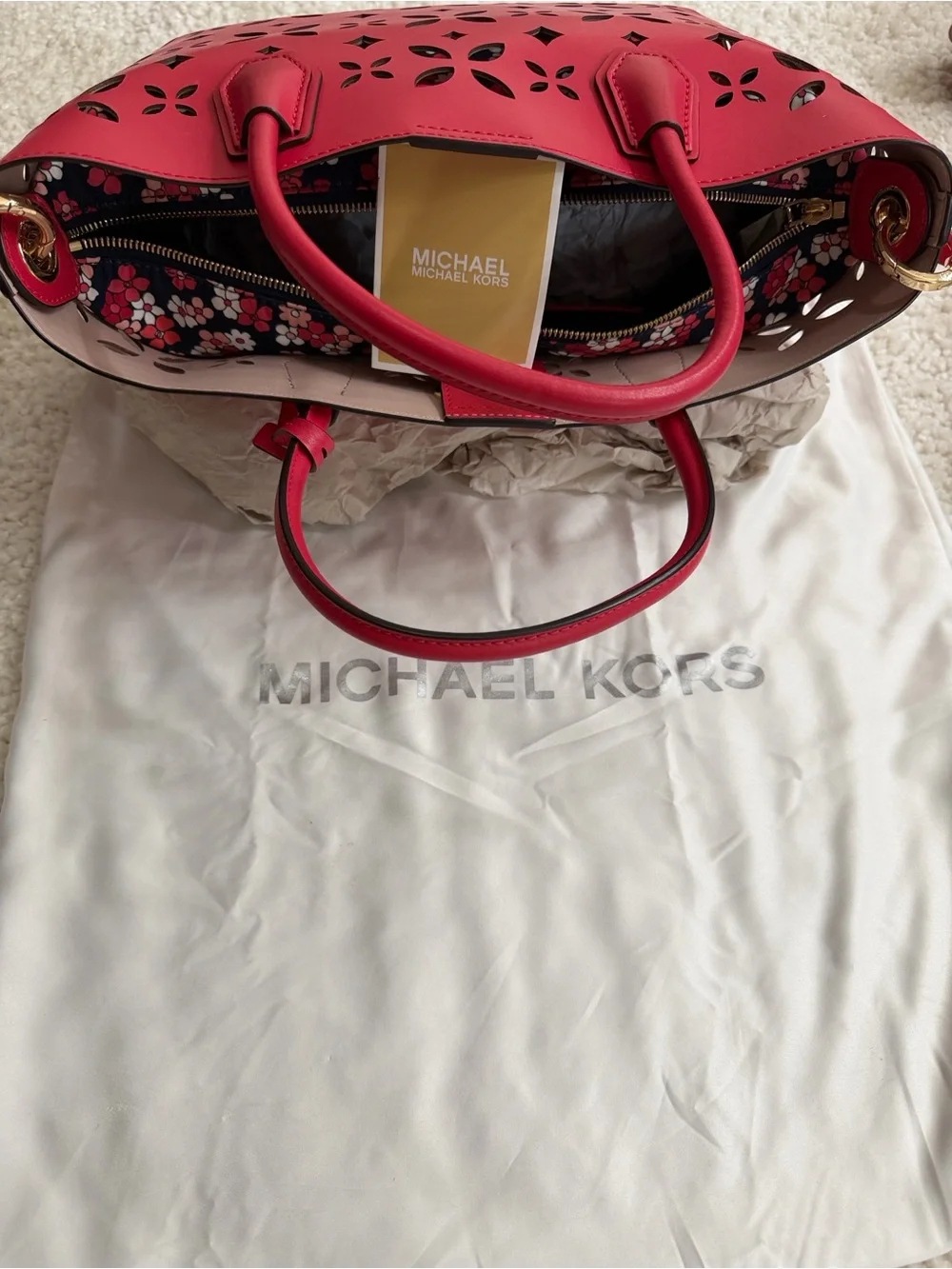 Michael Kors Bright Red Laser-Cut Floral Tote